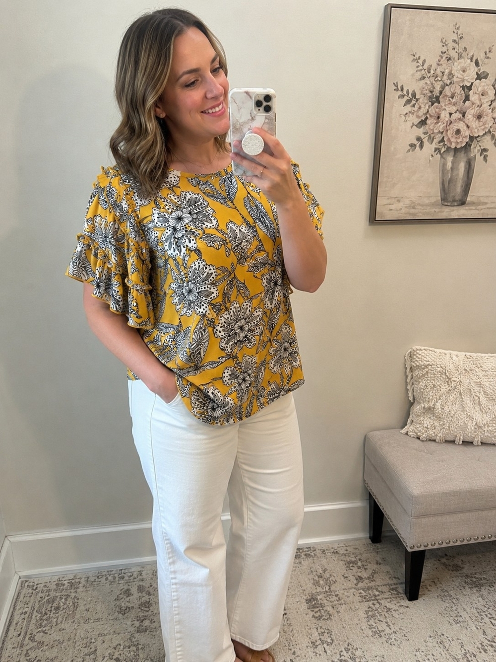 LOFT Yellow Floral Ruffle Sleeve Blouse 100% Rayon Size M